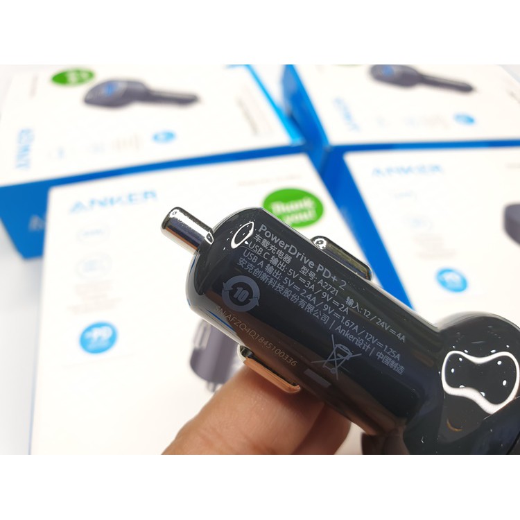 Tẩu sạc ô tô Anker 2 Cổng 33W, PowerDrive PD+2 - A2721 trang bị 1 cổng USB-C PD 18W và 1 cổng USB 2W với PowerIQ