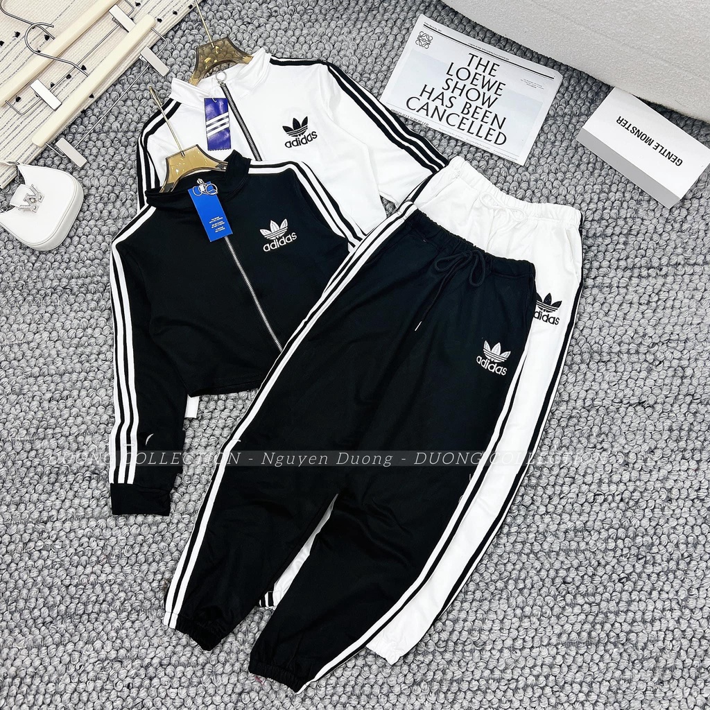 BỘ thể thao adidas nữ thu đông 3 sọc logo in, quần áo thể thao nam nữ co giãn, đồ cao cấp  màu cơ bản