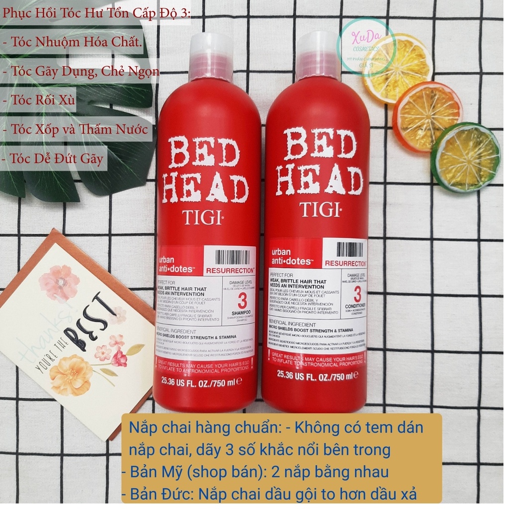 Dầu gội tigi đỏ tigi bed head cặp gội xả 750ml x2 chai phục hồi tóc hư tổn cấp độ 3 bản Mỹ