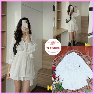 Set váy sơ mi kèm đai buộc chất liệu đũi