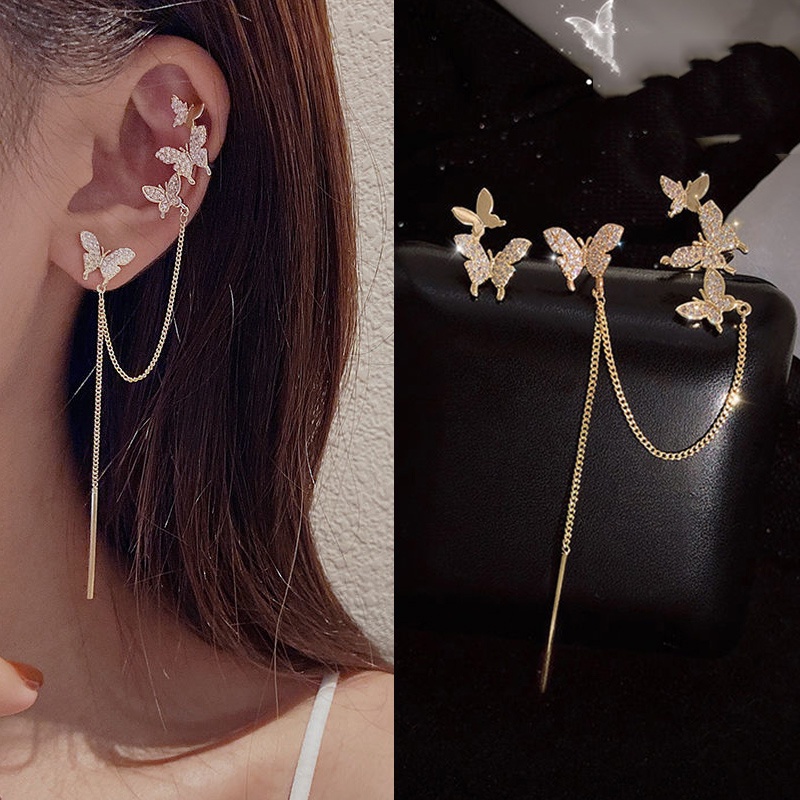 Khuyên Tai Tua Rua Bướm Bất Đối Xứng Đính Đá Phong Cách Nhật Bản Hàn Quốc Mới