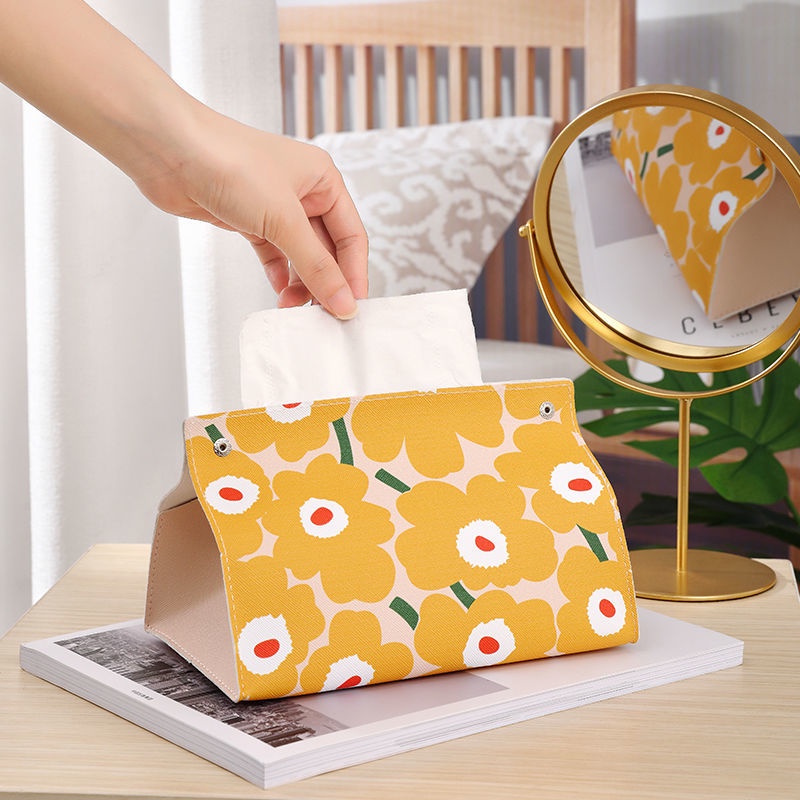 Hộp Đựng Khăn Giấy Giả Da Họa Tiết Hoa Phong Cách Bắc Âu
