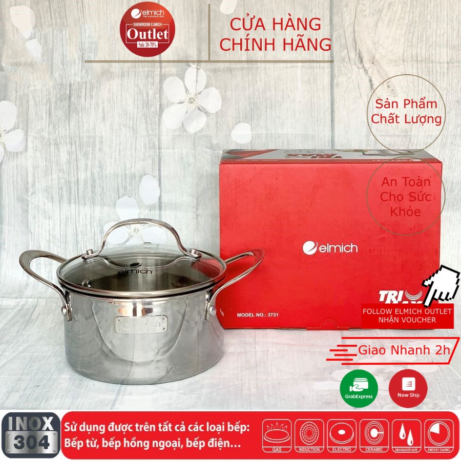 Nồi Nấu Inox 304  3 lớp Đáy Từ ELMICH Tri-Max 3731 16cm/3732 18cm/3733 20cm /3734 24cm/3735 26cm/3736 28cm