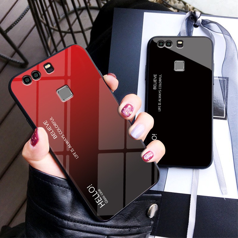 Ốp điện thoại kính cường lực màu gradient lấp lánh cho Huawei P10 Lite P9 P10 Plus