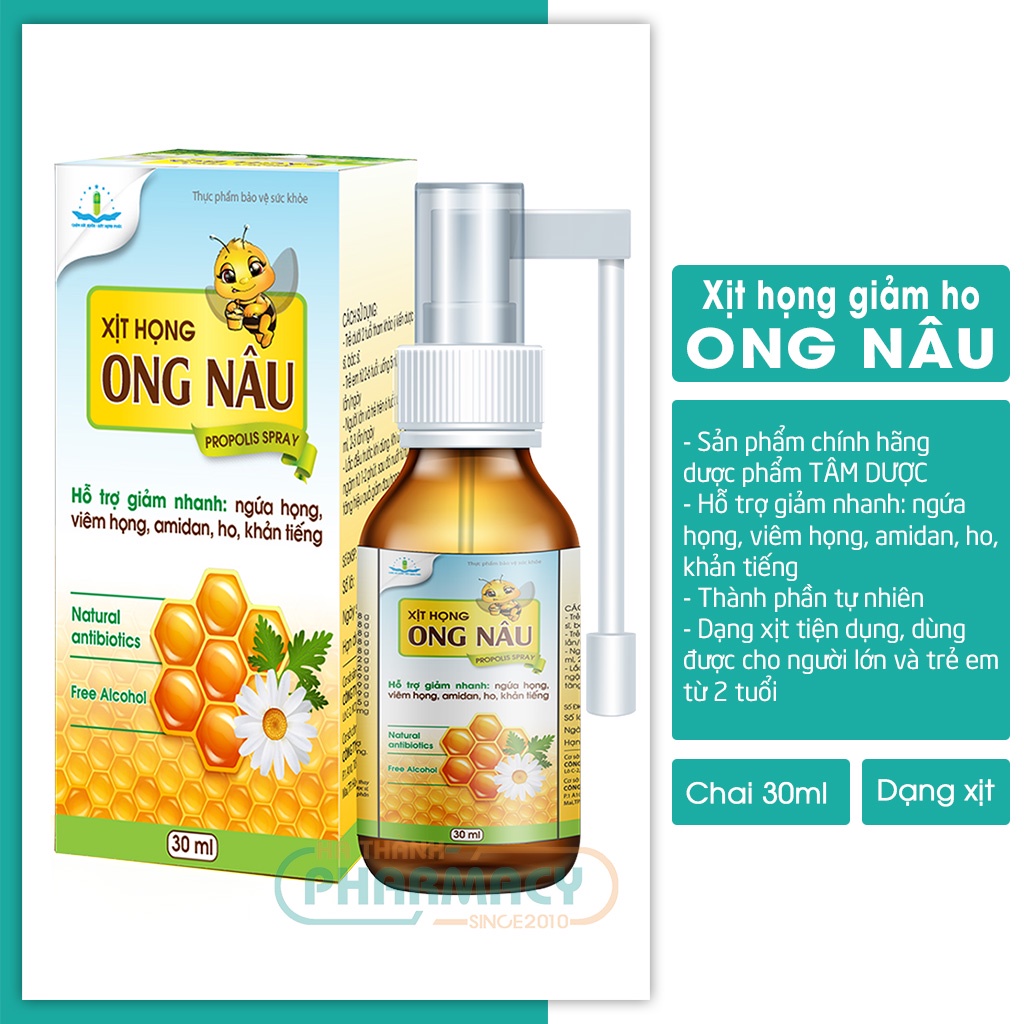 Xịt họng ong nâu tâm dược keo ong nhất nhất giúp giảm ho ngứa họng amidan khản tiếng, chai 30 ml