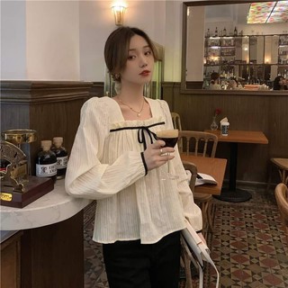 Áo Kiểu Dài Tay Cổ Vuông Nơ Đen Ngang Ngực Tay Viền Đen Dáng Babydoll Freesize - CKA136