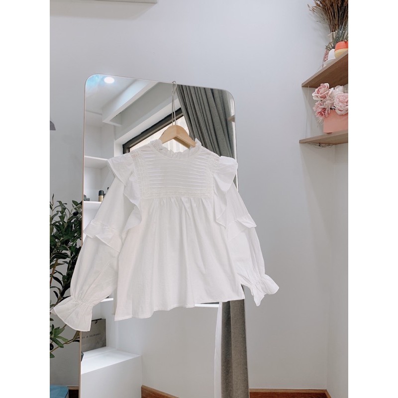 Áo babydoll tiểu thư ulzzang - Áo sơ mi canhs tiên tay phối bèo xinh xắn