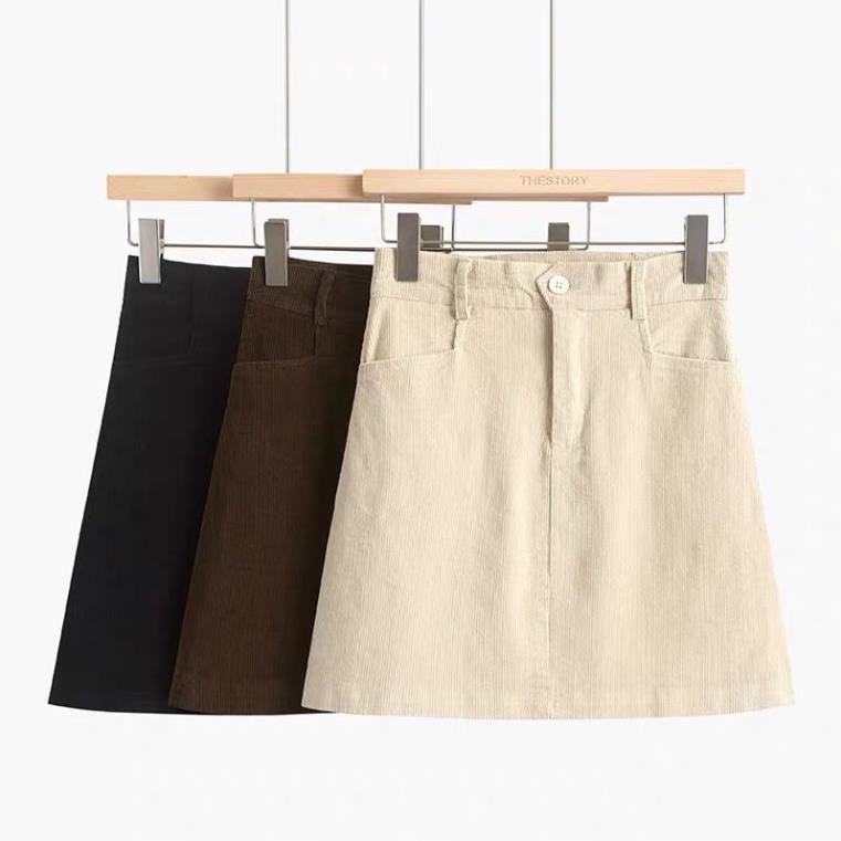 Chân váy chữ A nhung tăm cạp cao có quần lót trong - Thời trang đường phố Hong Kong - 3 màu Đen, Kem, Nâu | BigBuy360 - bigbuy360.vn