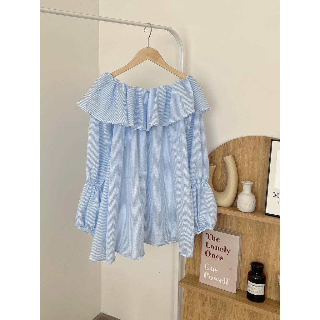 Áo váy trễ vai mặc 2 kiểu xốp nổi XANH tay bồng bèo ngực