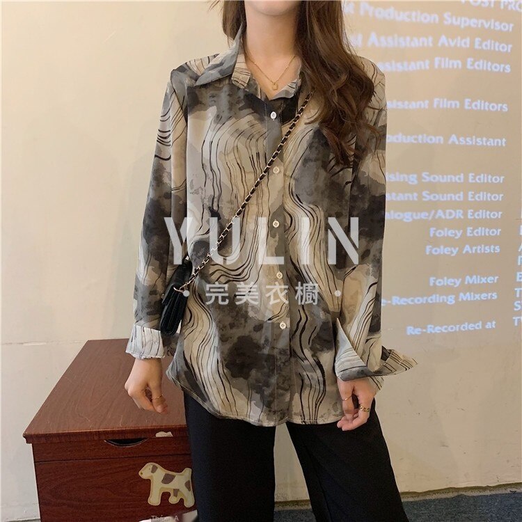 YL Chiffon Shirt With Ink Print Retro Hong Kong Fashion Spring Summer New For Women 2021
