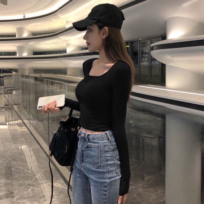 Áo thun COZOK tay dài cổ chữ U dáng ôm quyến rũ trẻ trung cho bạn gái