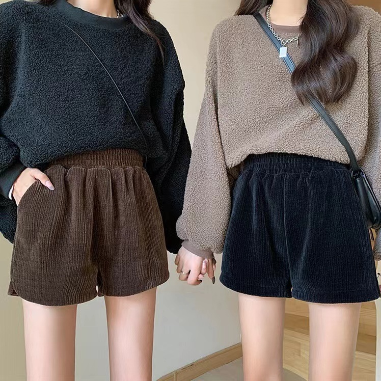 SUXI Quần Short Nhung Kẻ Lưng Cao Phong Cách Thời Trang Hàn Quốc Mới