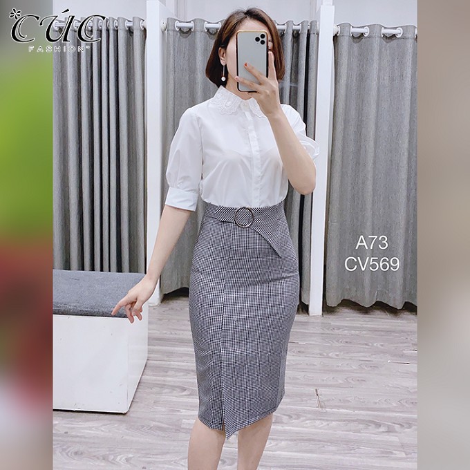 Áo sơ mi nữ công sở cao cấp,thời trang thiết kế Cúc Fashion A96 áo somi cổ ren tay bồng