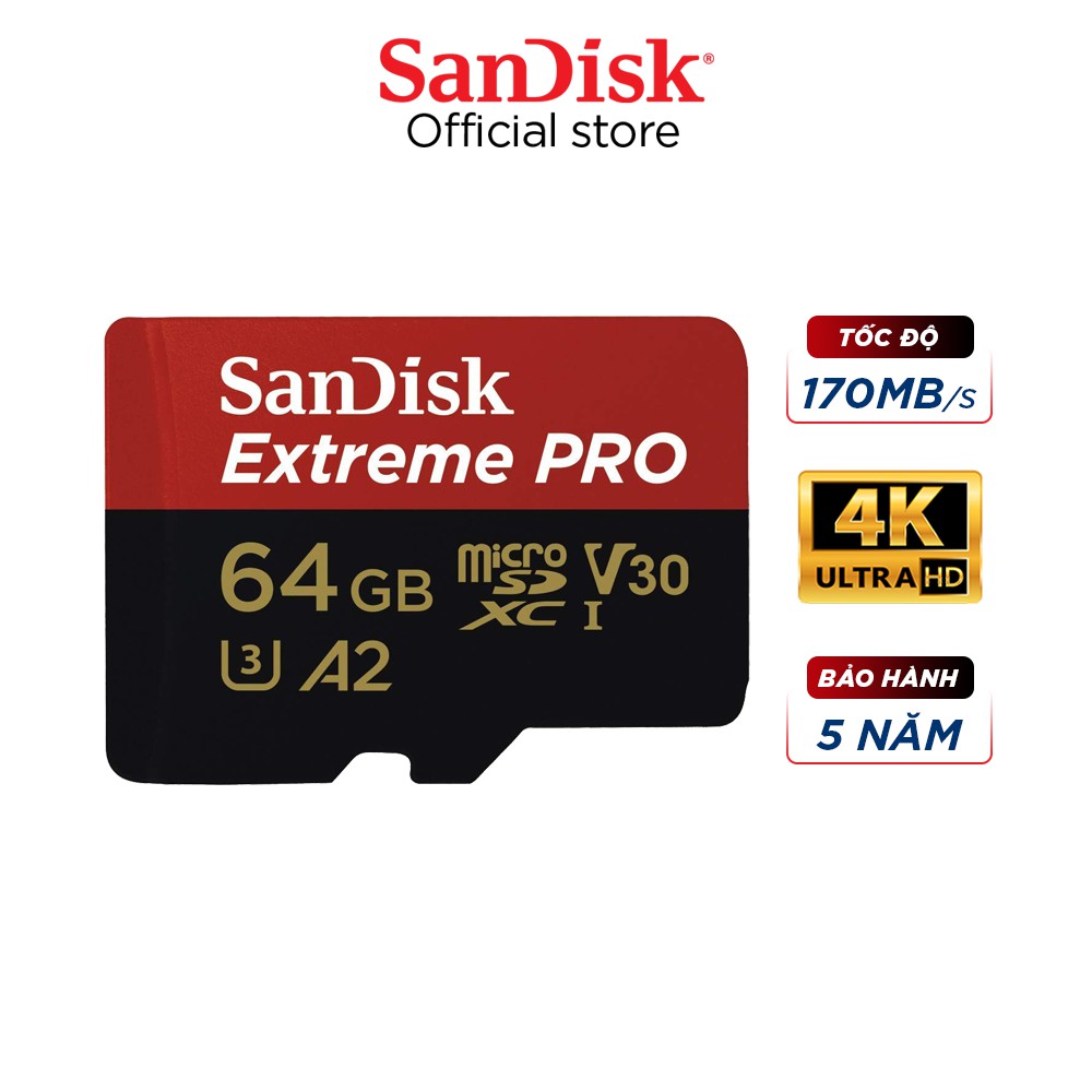 [Mã ELMALLCOIN hoàn 8% xu đơn 499K] Thẻ nhớ microSDXC SanDisk Extreme Pro 64GB V30 A2 tốc độ upto 170MB/s + Adapter