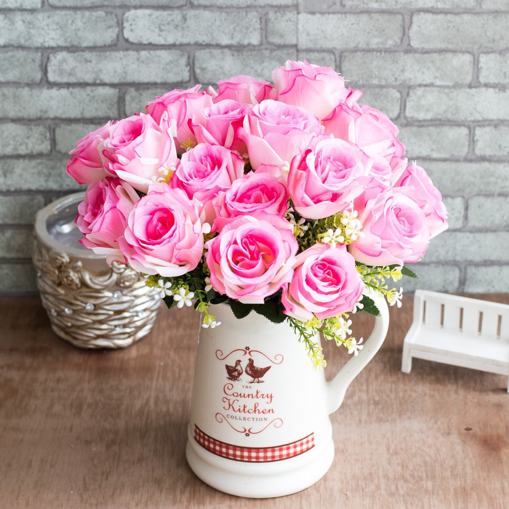 Hoa giả - Chùm hoa hồng lụa 7 bông lớn