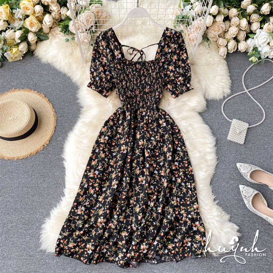 Đầm hoa cổ vuông tay ngắn xếp ly - DDTN02