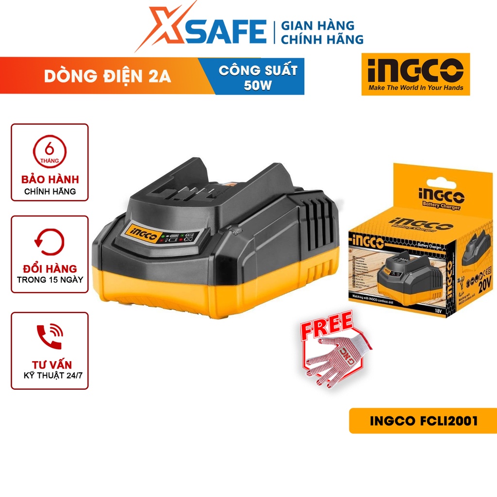 Đế sạc pin 20V INGCO FCLI2001 Sạc pin máy khoan điện thế 110V-240V~50/60Hz, dòng điện sạc 2A, hỗ trợ máy khoan cầm tay