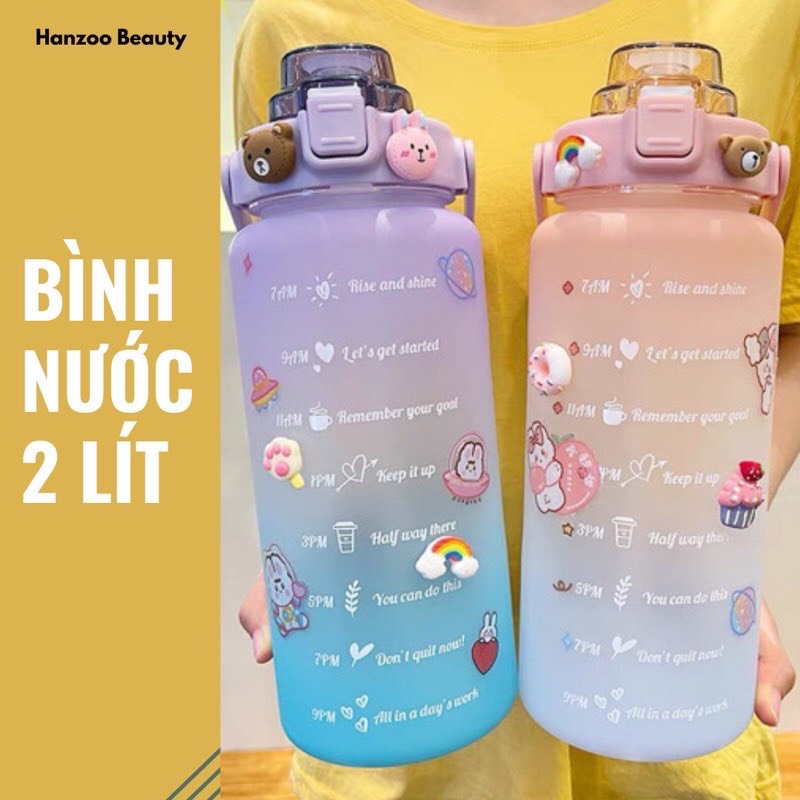 Bình nước 2 lít tặng Sticker dành cho người lười uống nước Fan House bình nước cute 2L có ống hút, vạch chia nhắc giờ