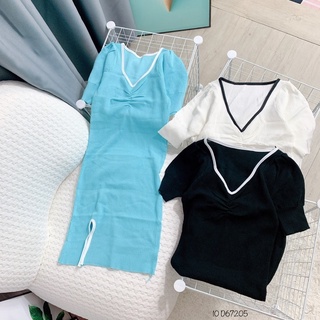 Đầm ôm body phối viền xoắn eo - nhím xù shop