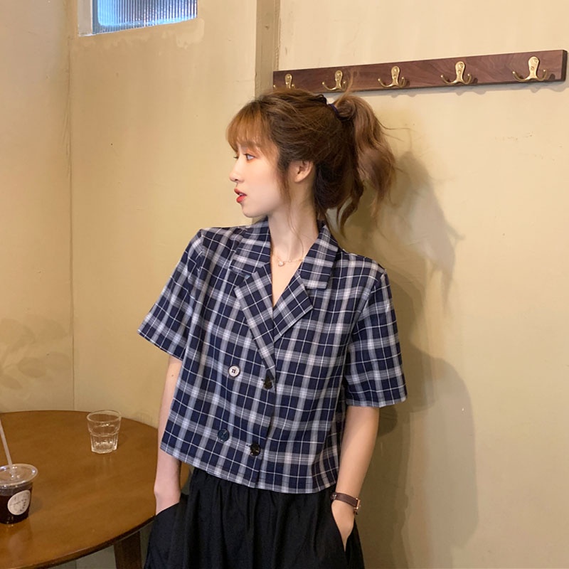 Áo Khoác Blazer Tay Ngắn Họa Tiết Sọc Caro Phong Cách Hàn Quốc