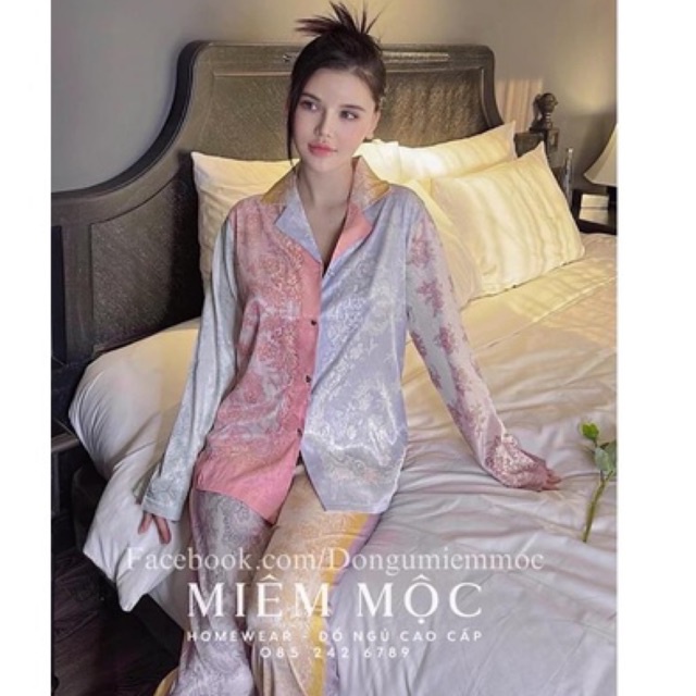 bộ ngủ mặc nhà pijama lụa xước cao cấp Quảng Châu khăn thái