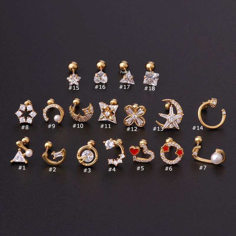 1 Khuyên tai bằng thép không gỉ và đồng đính đá zircon hình tròn / trái tim / bông hoa / trăng / sao 20G