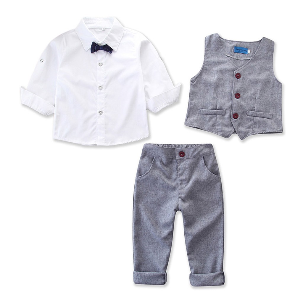 Bộ đồ kiểu dáng quý ông sang trọng cho bé nam gồm quần và áo sơ mi + vest + nơ