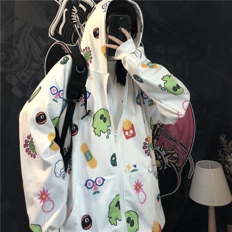Áo Hoodie Zip Nỉ Bông Hoạ Tiết Ảnh Thật
