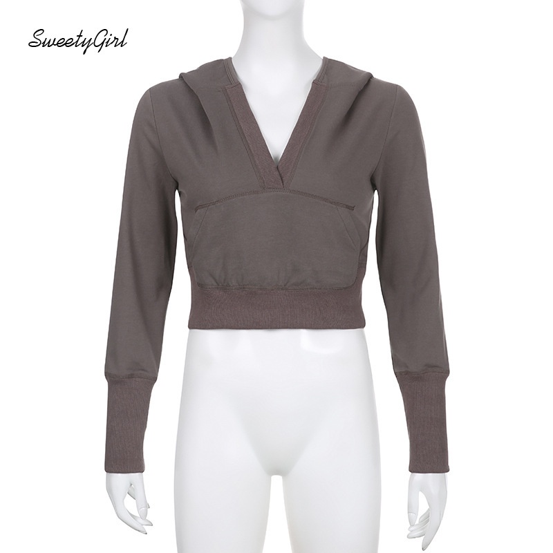 Áo Hoodie Tay Dài Cổ Chữ V Khoét Sâu Màu Xám Trơn Thời Trang 2022 Gợi Cảm Dễ Phối Đồ Dành Cho Bạn Nữ