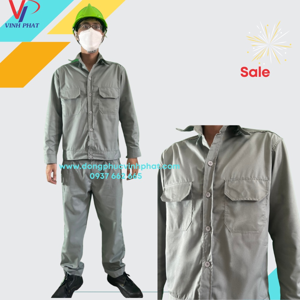 Đồ Công Nhân Quần Áo Bảo Hộ Lao Động Màu Ghi Sáng Vải Kaki Đủ Size