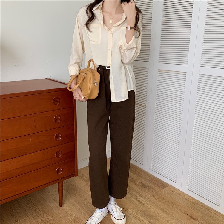 Áo sơ mi nữ Tay dài Form rộng Ulzzang Hàn Quốc Sơ mi trơn nữ Dài tay Thời trang