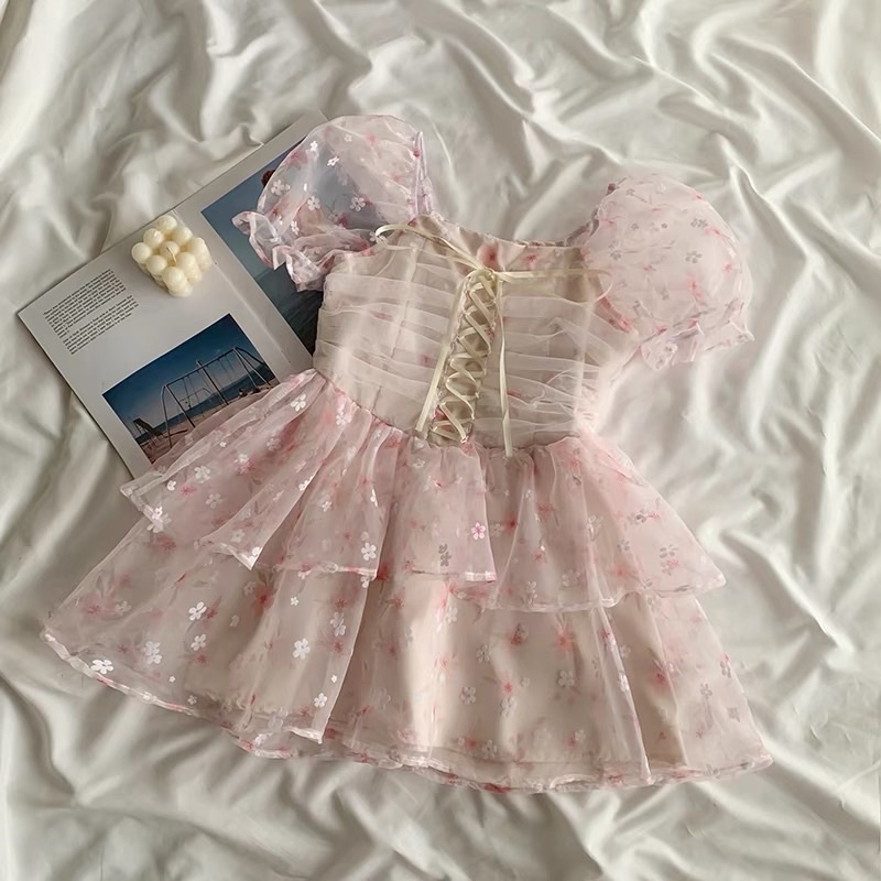 🌷 Váy Hoa Nhí Hồng Dáng Xoè Tầng Tay Phồng Thắt Dây Tiểu Thư Xinh Xắn