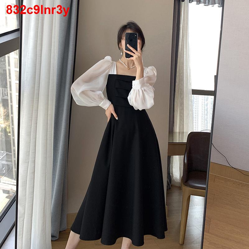 trang phụcĐầm dạo phố organza đen dài tay nữ xuân mới và mùa hè Khâu cổ vuông váy Pháp lưới điển