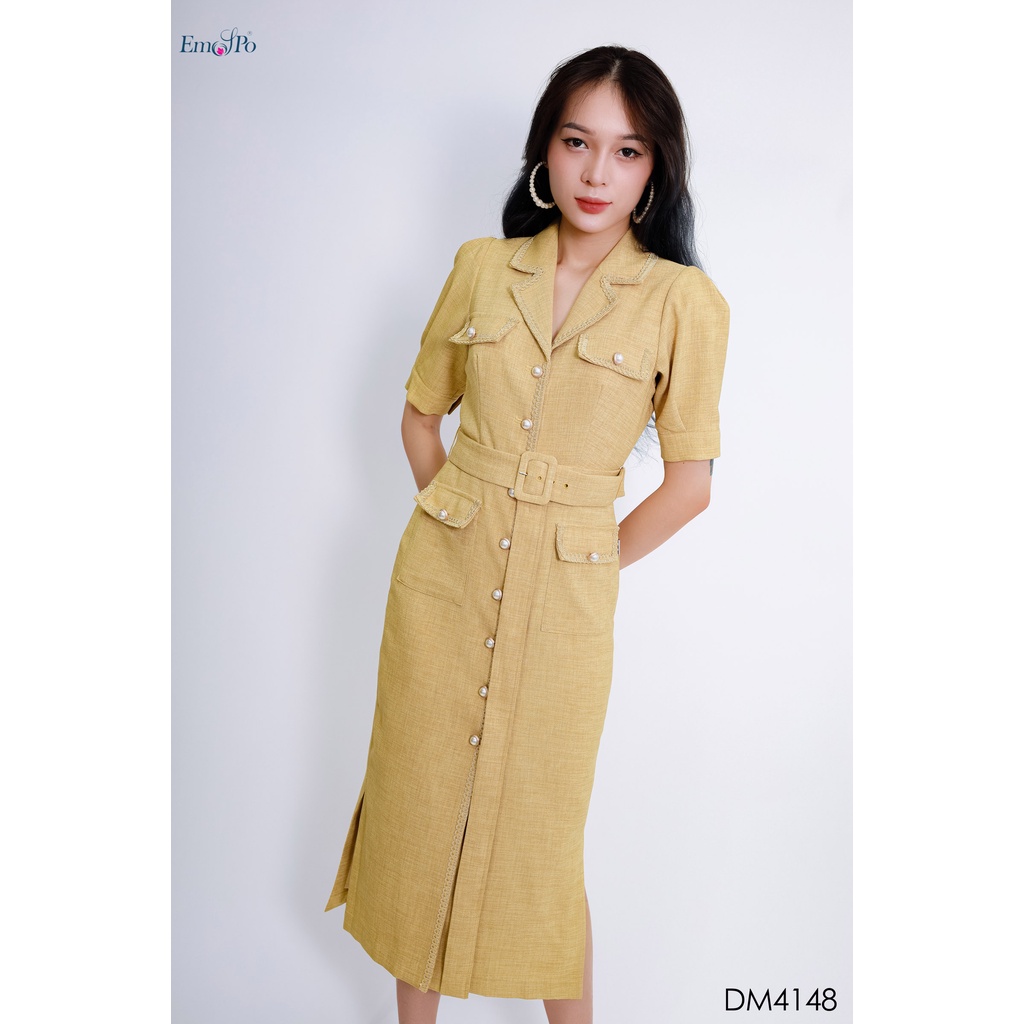 Đầm cổ vest Emspo viền ruy băng, nắp túi giả, đia eo rời DM4148