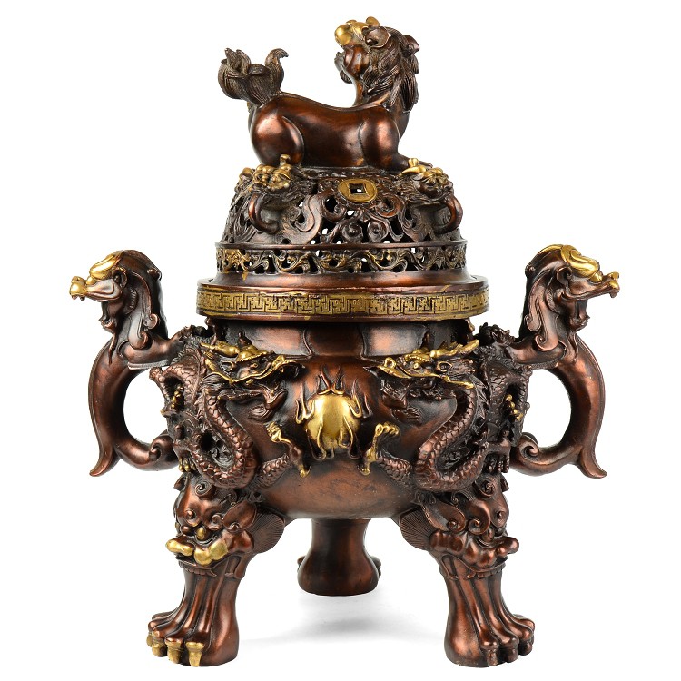 Đỉnh đồng lư hương đúc nổi 3d bằng đồng thau màu nâu hun đồ thờ phụng cao cấp Hồng Thắng