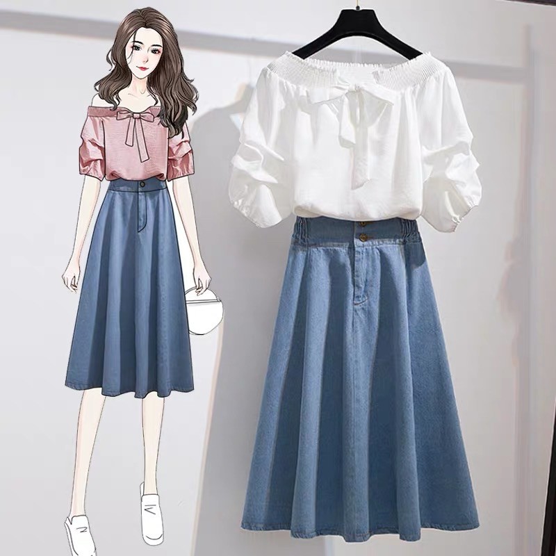 set chân váy bò áo trễ vai phong cách Hàn Quốc vintage