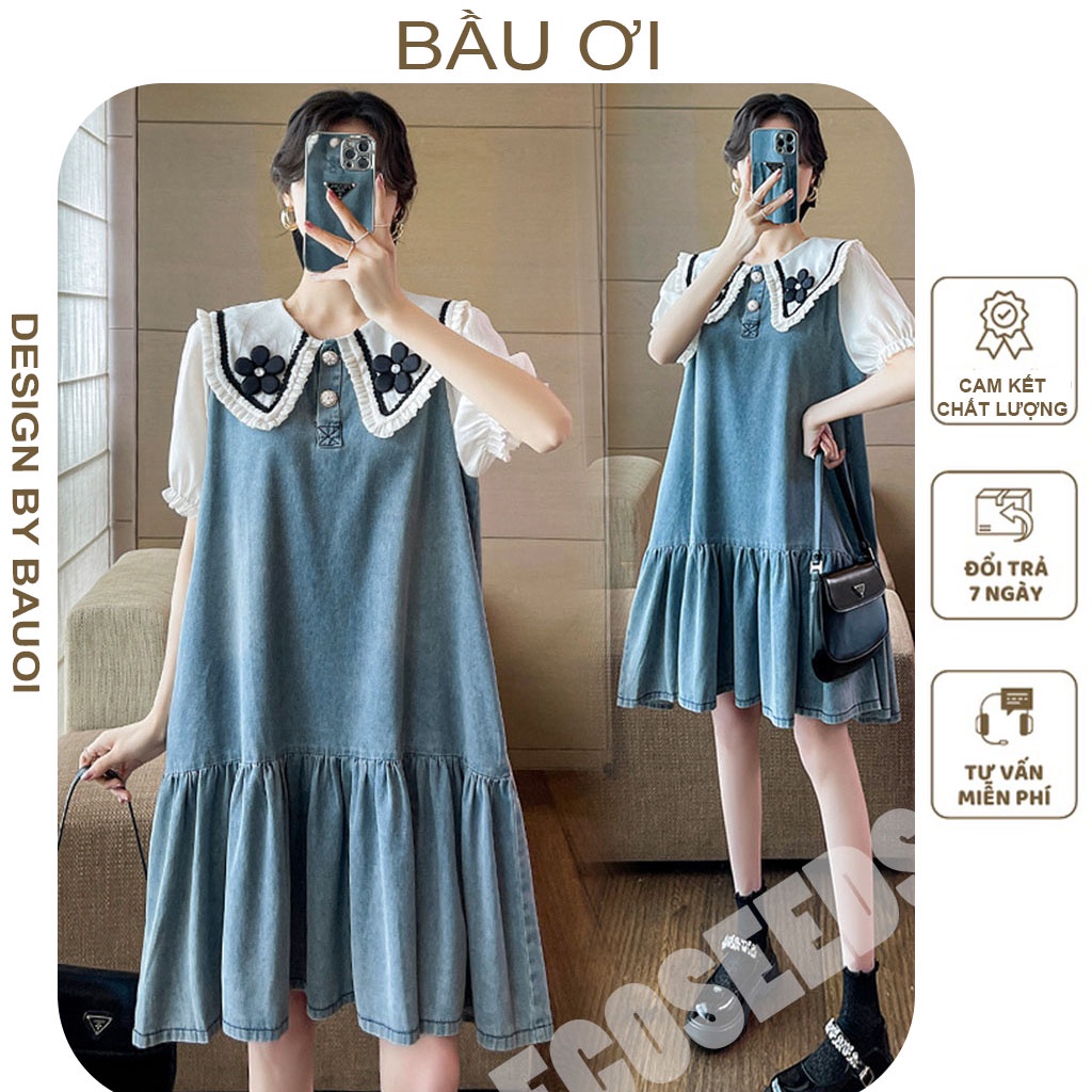 [BAUOII V93] ĐẦM BẦU TIỂU THƯ THIẾT KẾ CỔ BÈO ĐÍNH HOA  - VÁY BẦU CÔNG SỞ BABYDOLL FREE SIZE PHONG CÁCH TRẺ TRUNG