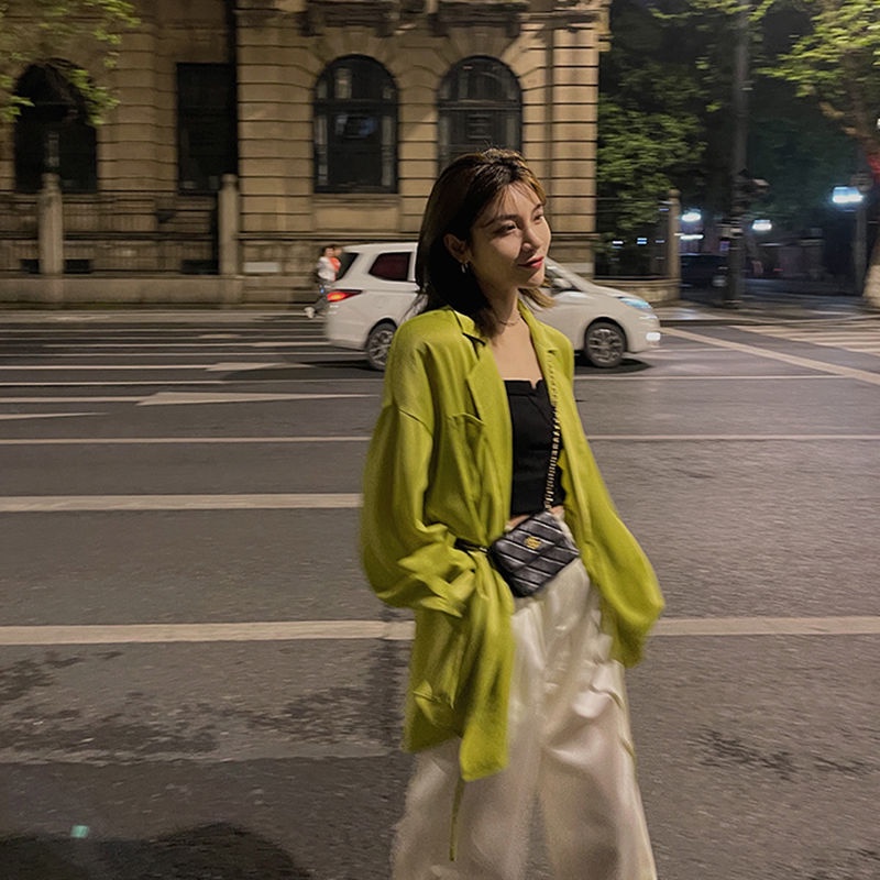 Áo khoác chiffon tay dài dáng ôm màu trắng/xanh lá thời trang Hàn Quốc