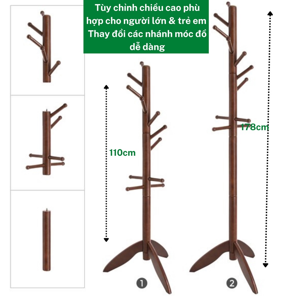 Cây treo quần áo VIVUDECOR CT10 100% gỗ tự nhiên 10 nhánh