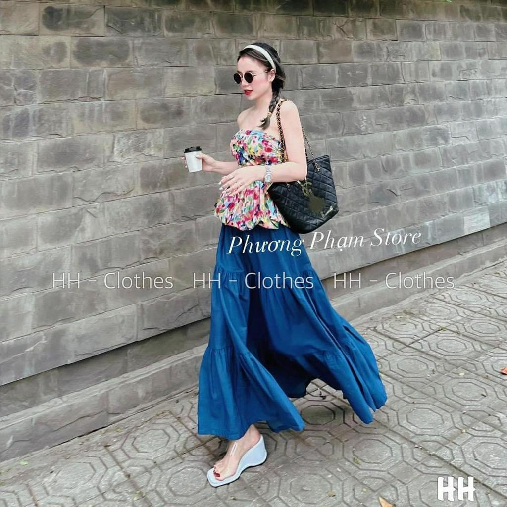 SET ÁO ỐNG HOA PEPLUM + CHÂN VÁY JEAN MIDI XÒE XANH (TH)