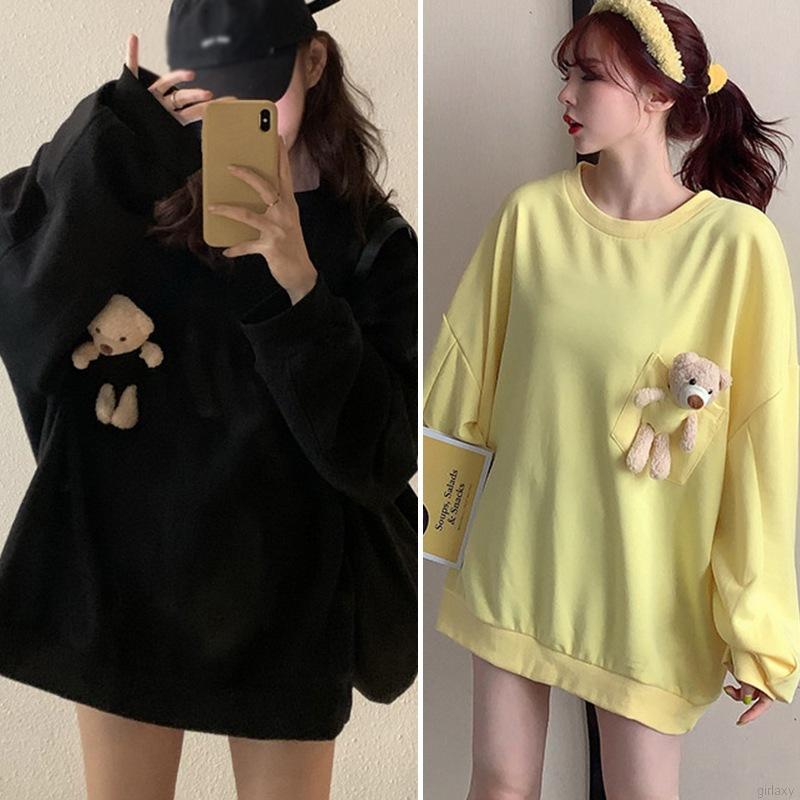 Áo sweater dài tay màu trơn trang trí gấu đáng yêu | BigBuy360 - bigbuy360.vn