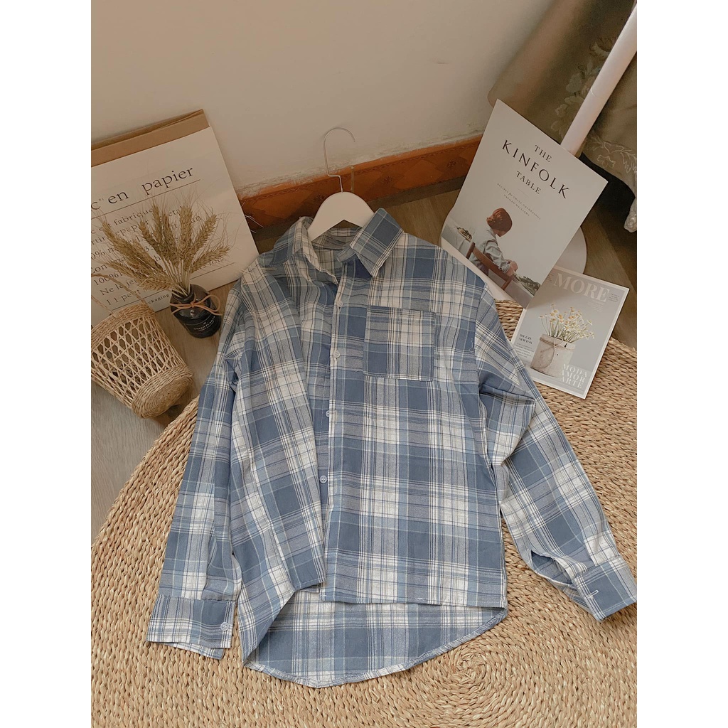 Áo sơ mi caro nữ form dáng rộng dài tay kẻ có túi ngực màu xanh sọc trắng ulzzang unisex