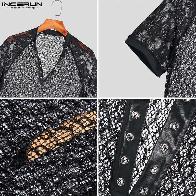 INCERUN Áo Lưới Xuyên Thấu Ngắn Tay Cổ V Gợi Cảm Cho Nam