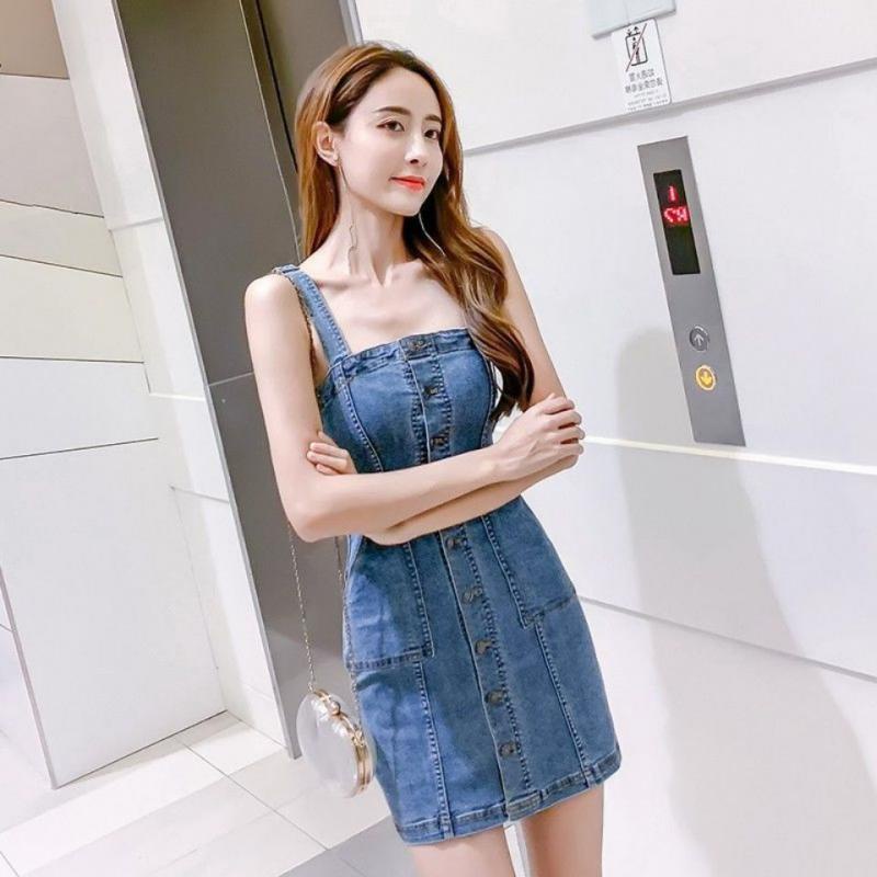 [MURIOKI] Đầm Denim Hai Dây Dáng Chữ A Phong Cách Hàn Quốc Thời Trang 2022 Cho Nữ