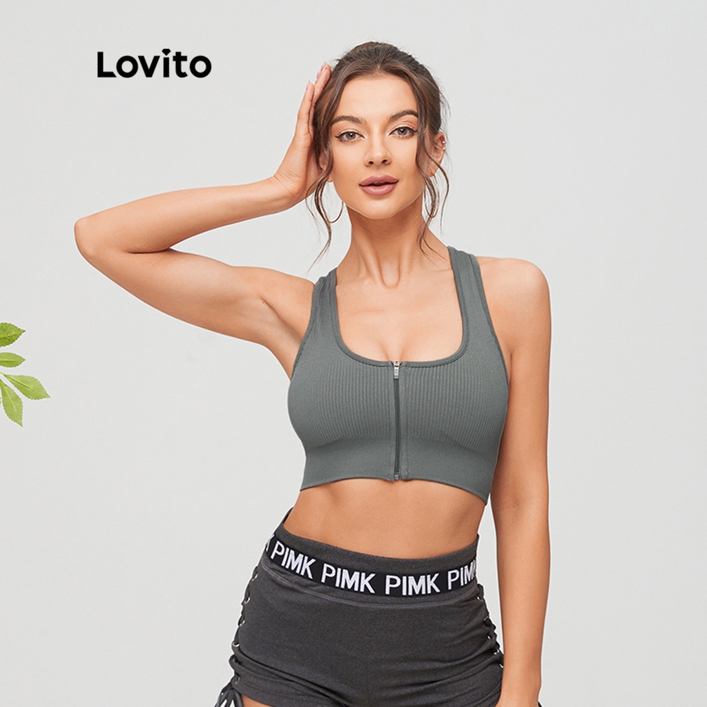 Áo ngực thể thao Lovito màu xám L11097 có dây kéo