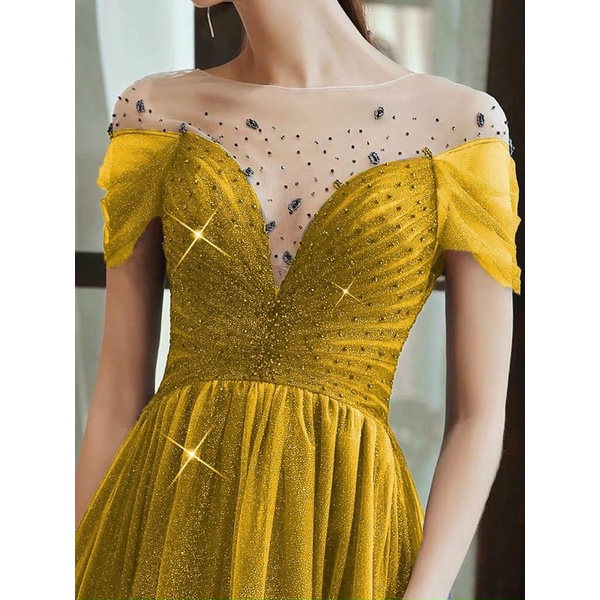 ĐẦM DẠ HỘI KIM TUYẾN XẾP LY XÉO NGỰC full size S/M/L /XL