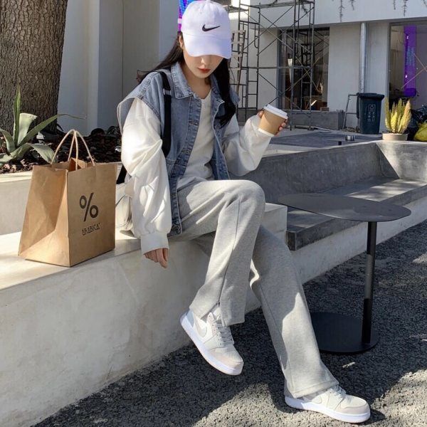 Quần ống rộng Mỏng Màu Xám Thời Trang Mùa Đông Mới Cho Nữ