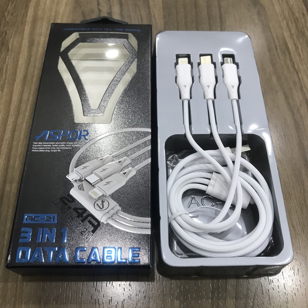 Dây Cáp Sạc Đa Năng 3 đầu 3in1 chính hãng ASPOR Model AC-21 tự ngắt có sạc nhanh Quick charger 3.0