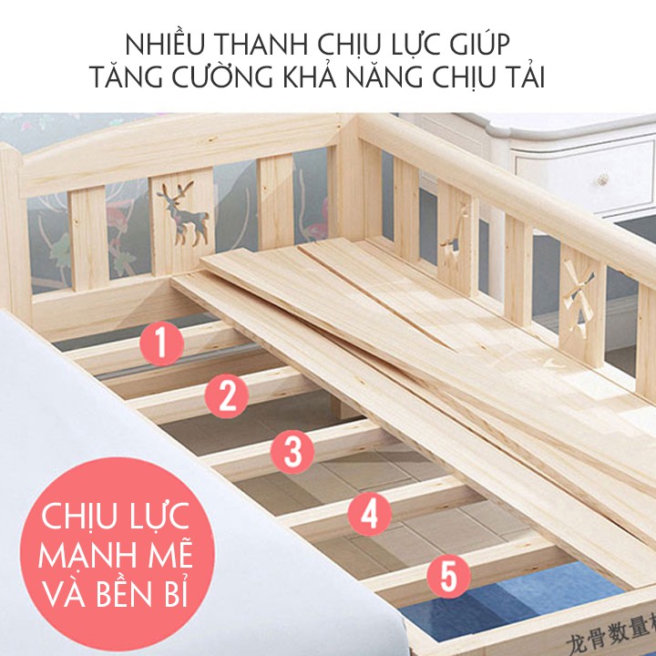 Giường gỗ, giường ngủ cho bé có thanh chắn giường quây 4 mặt có cầu thang size 128*60*40 chất liệu gỗ thông