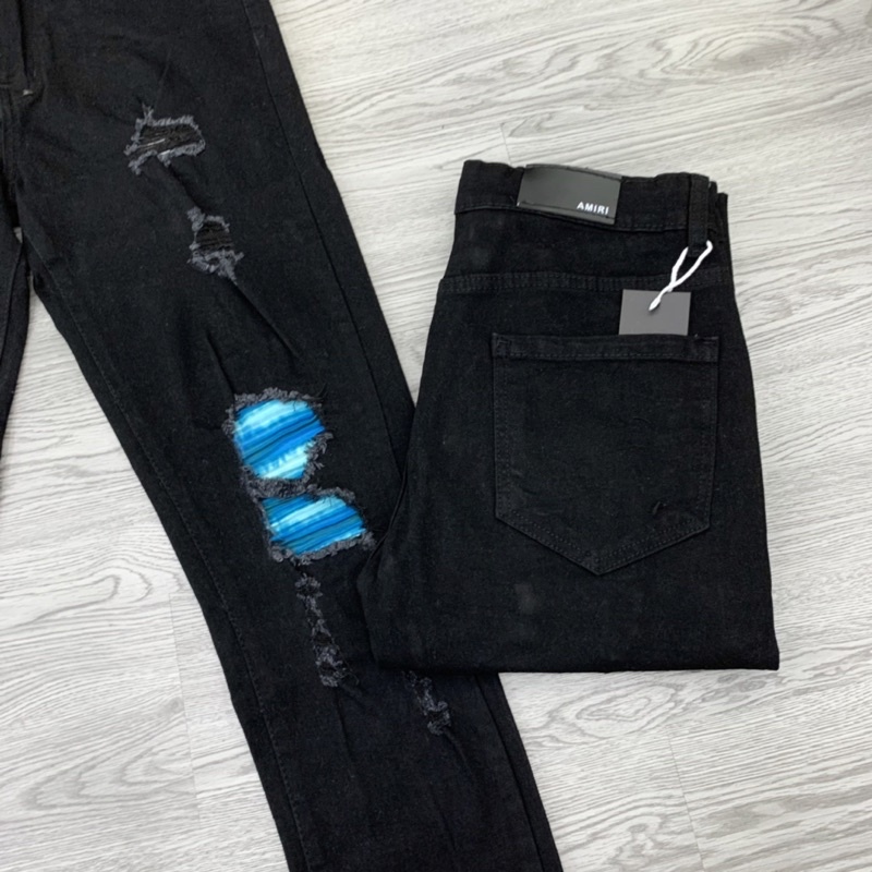 Quần jean bò nam đen phối rách xước gối lót vải nhăn xanh kẻ loang dáng slimfit vải dày dặn đẹp QJ45P